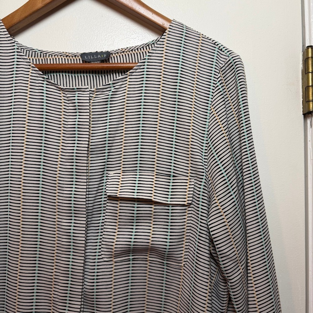 Lilla P Long Sleeve Button Up Shirt Top Stripe Print Women Size L - Picture 2 of 8